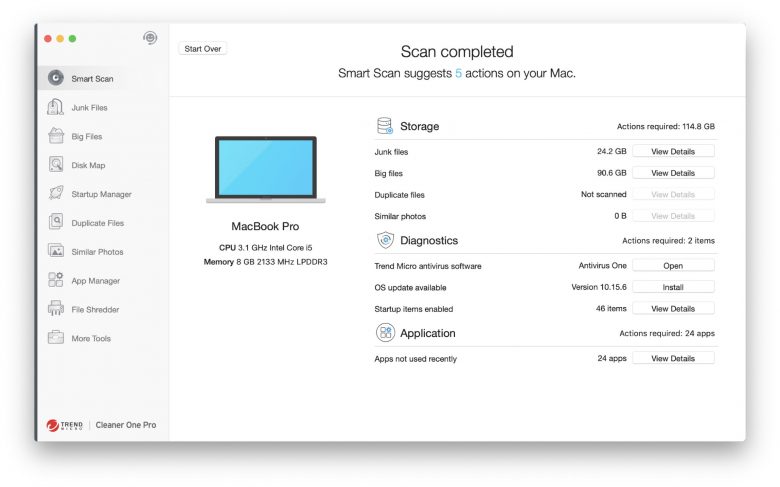 Cleaner One Pro Smart Scan Cleaner One Pro Smart Scan offers straightforward suggestions for optimizing your Mac's performance.