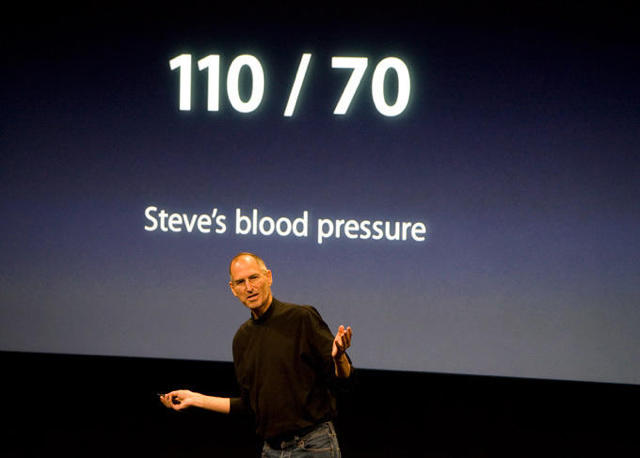A photo of Steve Jobs onstage during an Apple keynote, with the following words projected onto the screen behind him: 
