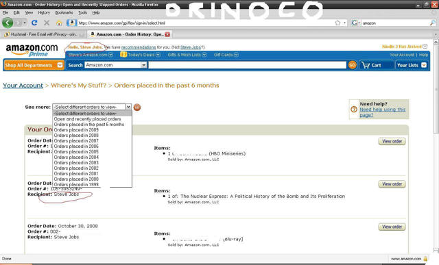 A screenshot purporting to show Steve Jobs' Amazon.com account