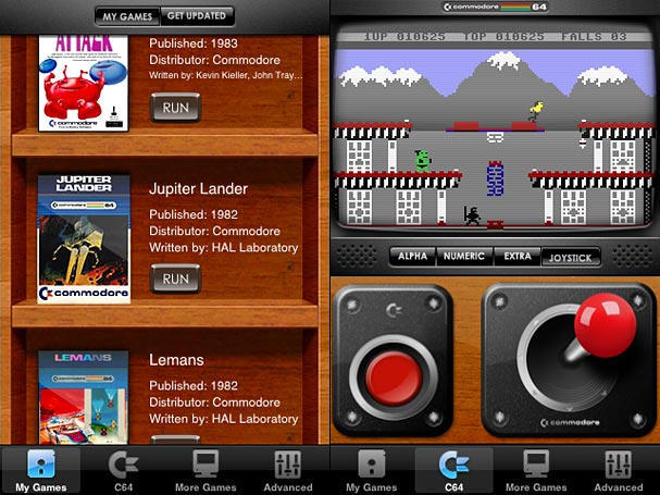 com-c64-1 Left: your games collection on a virtual shelf. Right: portrait mode with virtual controls.