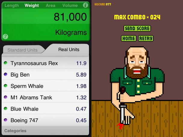 Left: Amusing unit converter 5ft Monkey; right: Brave Man loses a finger.