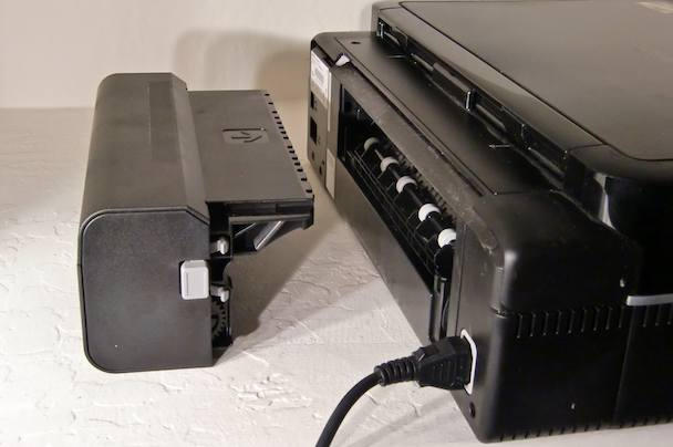 The duplex roller at the printer's rear can be easily detached to save space.