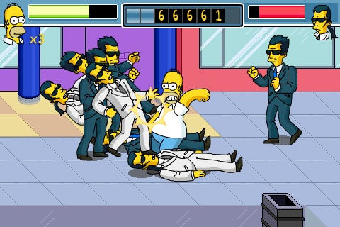 Homer battles a horde of Mr. Smiths, reprising his role as the redoubtable Neo from 