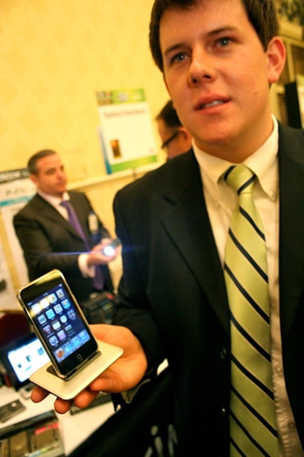 Dexim spokesman Patrick Tarpey shows off the MHub docking station.