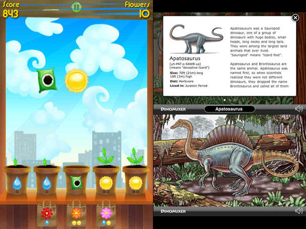 Left: match/drop action puzzler Green Fingers; right: swipe-based dinosaur app DinoMixer