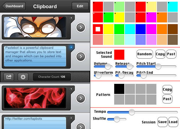Left: clipboard manager Pastebot. Right: odd retro drum machine TweakyBeat