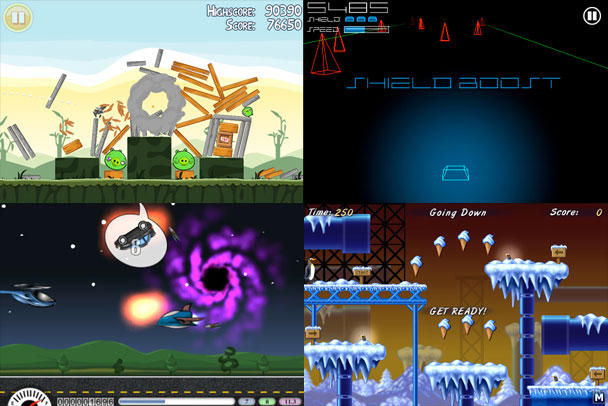 Clockwise from top-left: Angry Birds, Vector Runner, Icy Escort, Sir Revs-a-Lot.