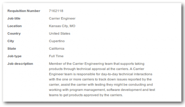 Apple Job Listing for Carrier Engineer