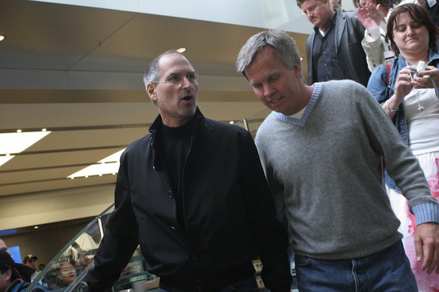 Steve Jobs and Ron Johnson at Apple's Fifth Avenue Apple Store grand opening.