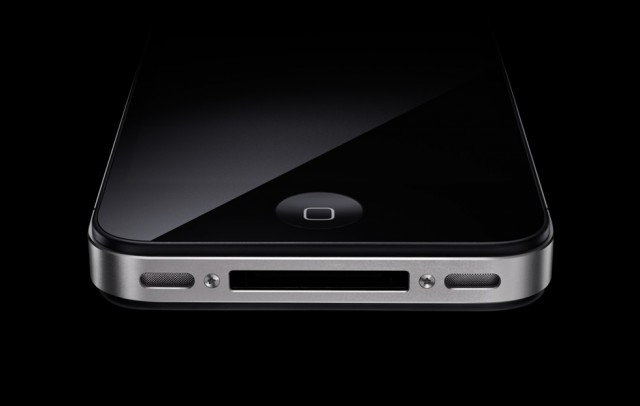 Closeup photo of the bottom of iPhone 4, including the speakers and dock connector