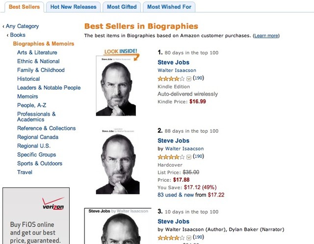 Jobs biography on Amazon's top-selling list.