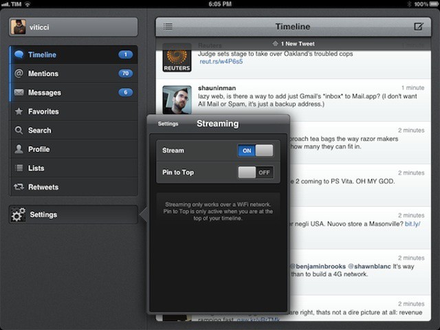 Tweetbot's new streaming option. Image courtesy of Macstories.net.