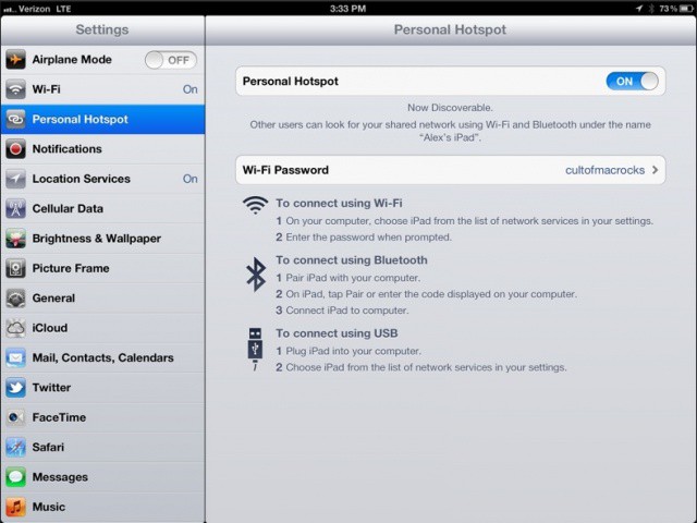 The Verizon iPad will let you create a Personal Hotspot to share your LTE connection with other devices.