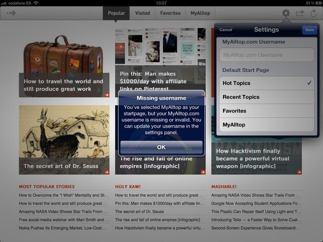 When it's not telling you about spline reticulation, Alltop for iPad annoys you with error messages