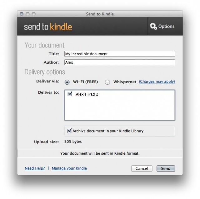 Amazon's latest app lets you send files to your Kindle directly from your Mac.