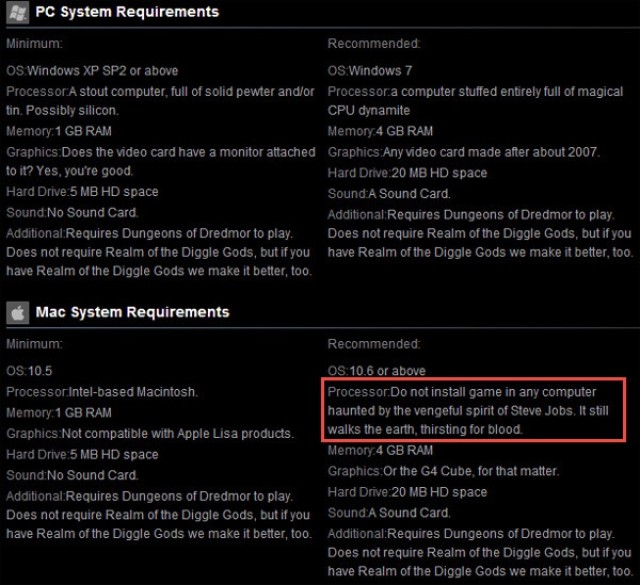 The system requirement for Dungeons of Dredmor on Steam.