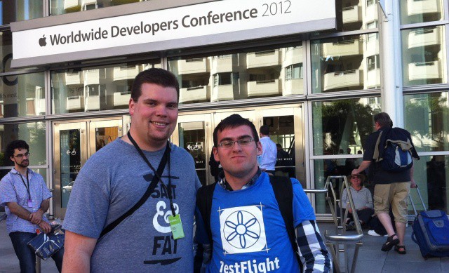 Jurewitz (left) posing with a developer at WWDC