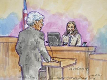 Apple attorney Harold McElhinny questions Apple designer Christopher Stringer in this court sketch during a high profile trial between Samsung and Apple in San Jose