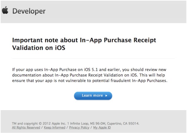in-app purchase email to developers