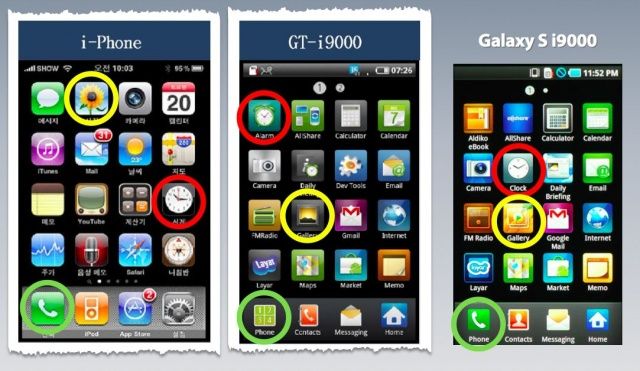 A slide from Apple's closing presentation shows the similarities between iPhone and Galaxy icons.