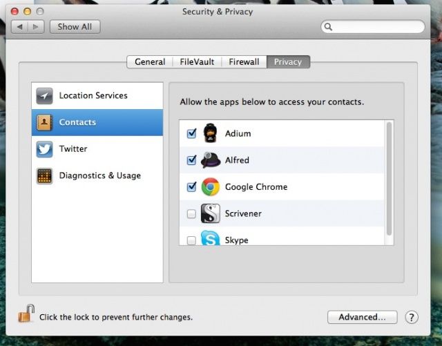Contacts Privacy Mountain Lion
