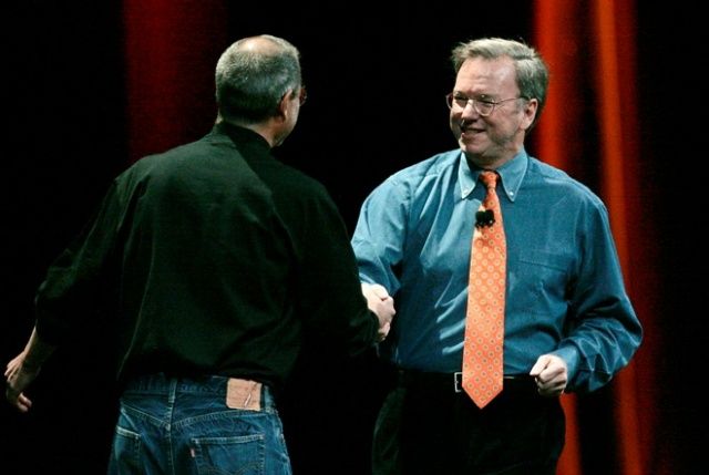 Steve Jobs and Eric Schmidt shaking hands at the original iPhone launch event.