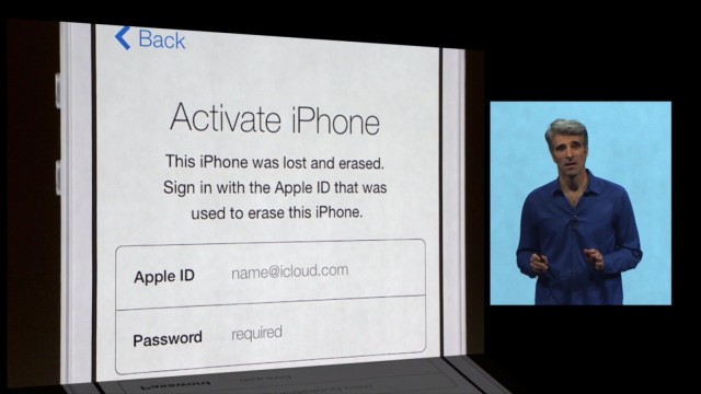 Craig Ferenghi introduces iOS 7's new "kill switch" during the WWDC keynote.