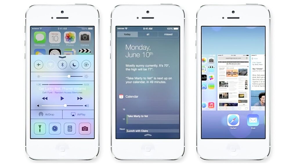 Three iPhone images showing iOS 7