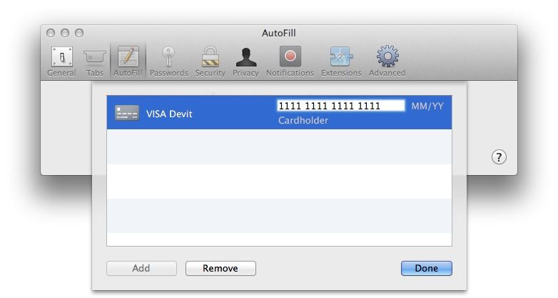 Mavericks Safari Credit Card AutoFill