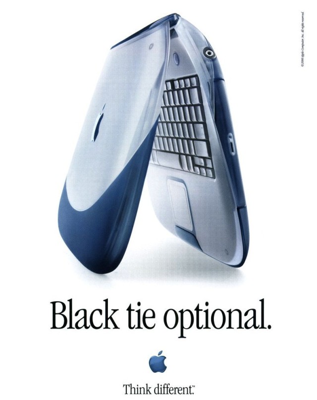 An iBook ad that says "Black tie optional," with the Apple slogan "Think different."