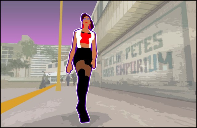 A lady of the night from Grand Theft Auto. Fan art by CCPD: https://ccpd.deviantart.com/art/GTA-Vice-City-s-Hooker-40287741