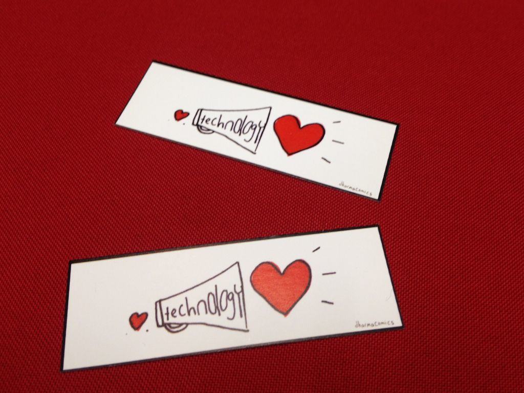 Stickers from the first Compassion and Tech Conference from Dharma Comics.