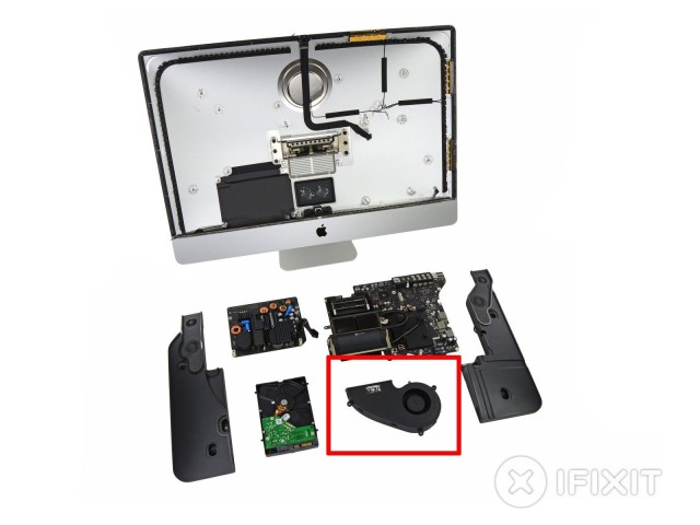 A breakdown of the iMac, with the fan highlighted.