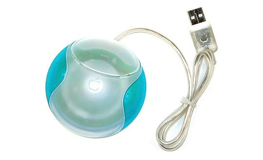 Original iMac launch: The iMac G3's hockey puck mouse did not find many fans.