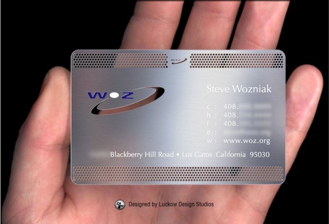 Woz uses his famous metal business card to cut steaks on airplanes. Photo: Luckow Designs. 