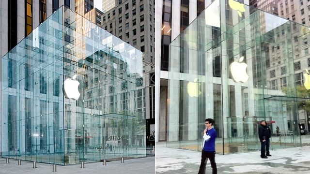 Before and after: a 2011 redesign pared down the number of panes of glass in Apple's Fifth Avenue store from 90 to 15