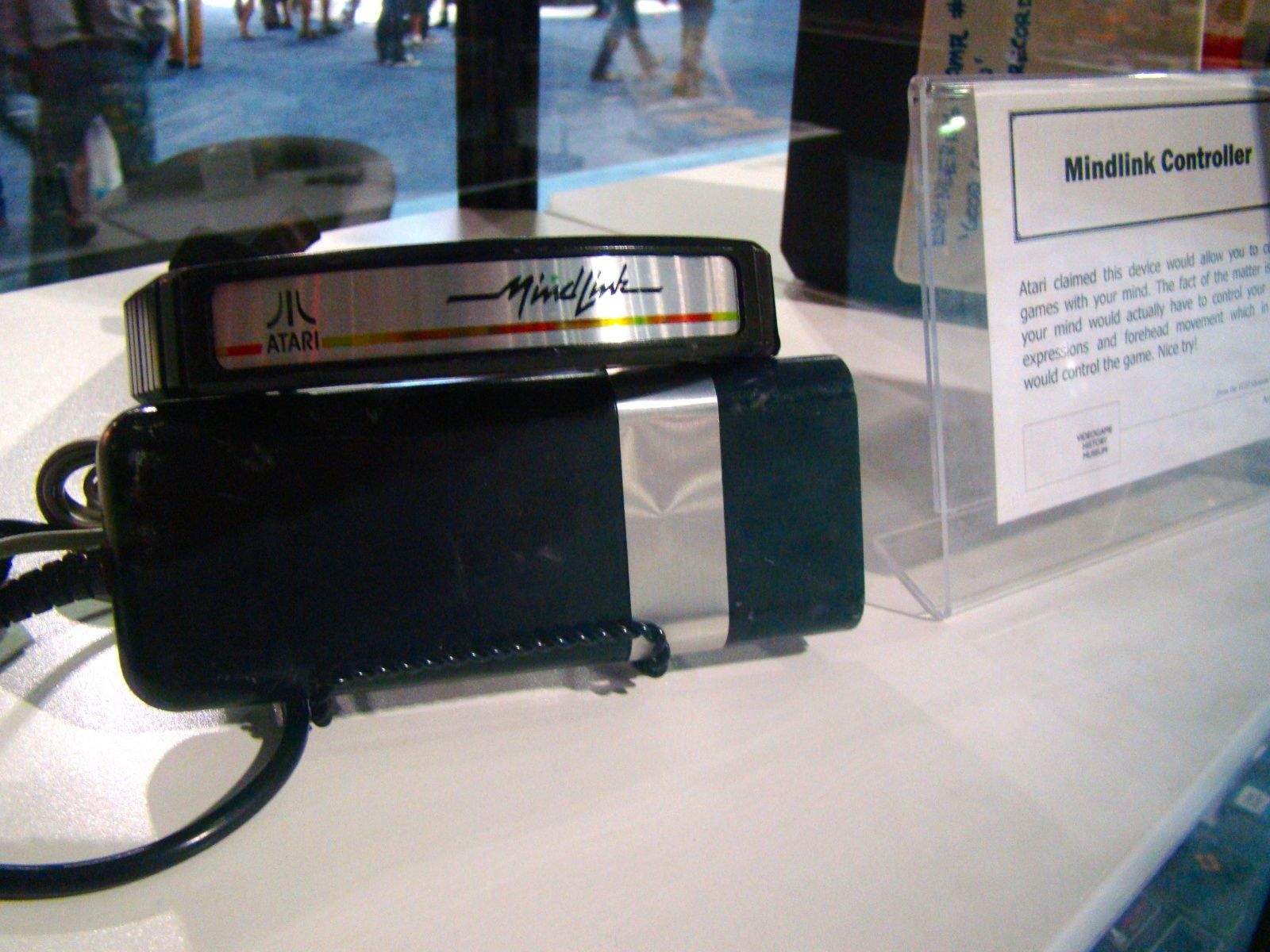 The Atari Mindlink was never released, though it was supposed to come out in 1984 for the Atari 2600. It was developed to read your head muscles (not actually your mind) and move stuff in the games developed for it, Bionic Breakthrough and Mind Maze. The games never even came out, either. Test players got headaches, apparently, moving their eyebrows around to play these uninteresting games.