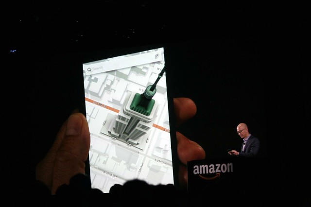 Jeff Bezos shows off Fire Phone's 3-D capabilities with a virtual Empire State Building that sprouts out of a map. Photo: Roberto Baldwin/The Next Web