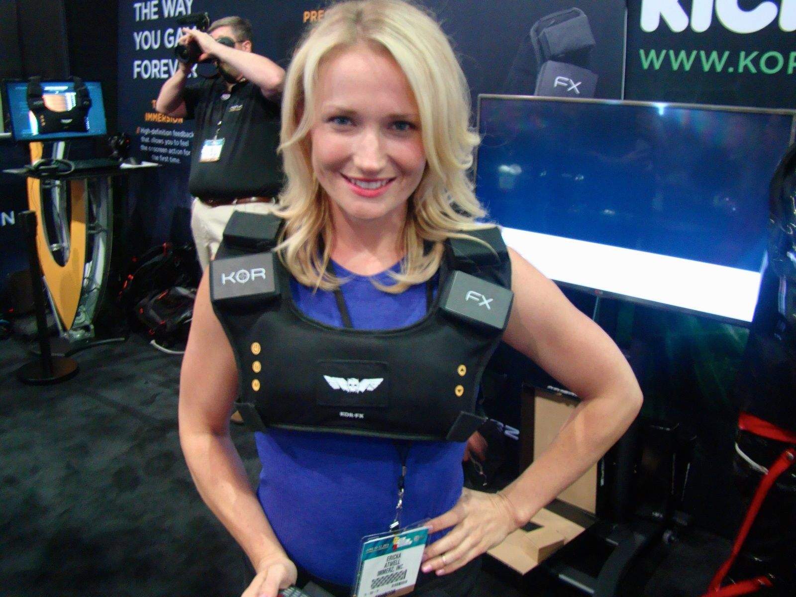 The KOR-FX Vest modeled by an actress at the E3 booth. Photo: Rob LeFebvre/Cult of Mac