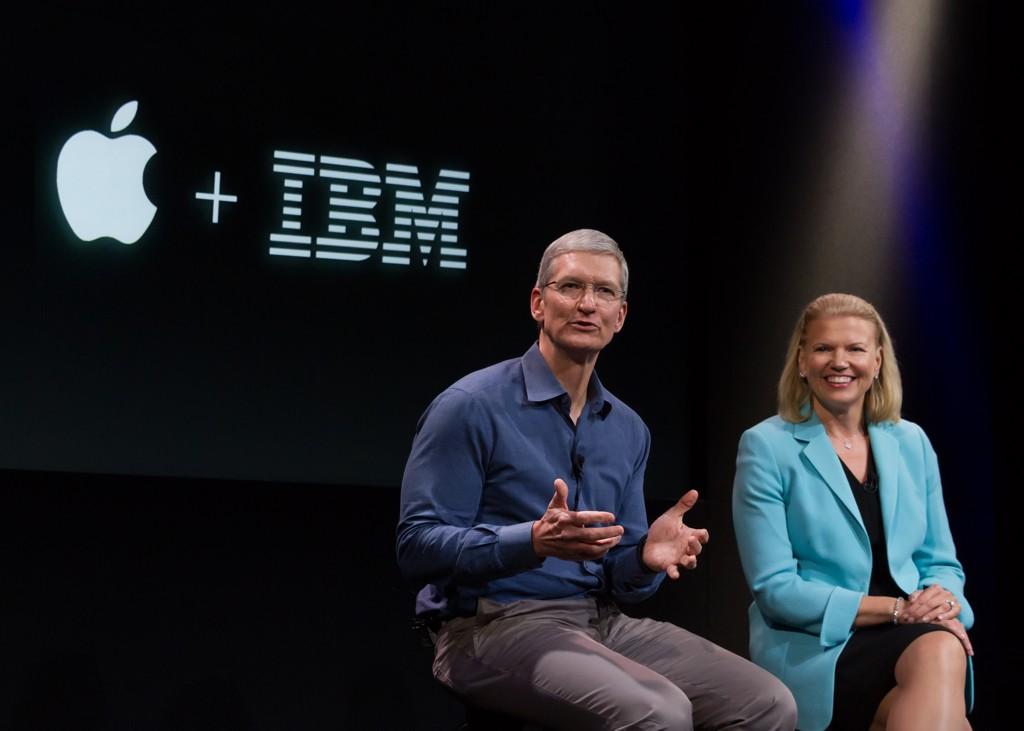 Tim Cook announcing Apple's partnership with IBM CEO Ginni Rometty last summer. Photo: Apple