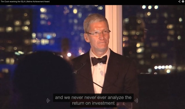Apple's CEO gives an acceptance speech for the  IQLA Lifetime Achievement Award in 2013.