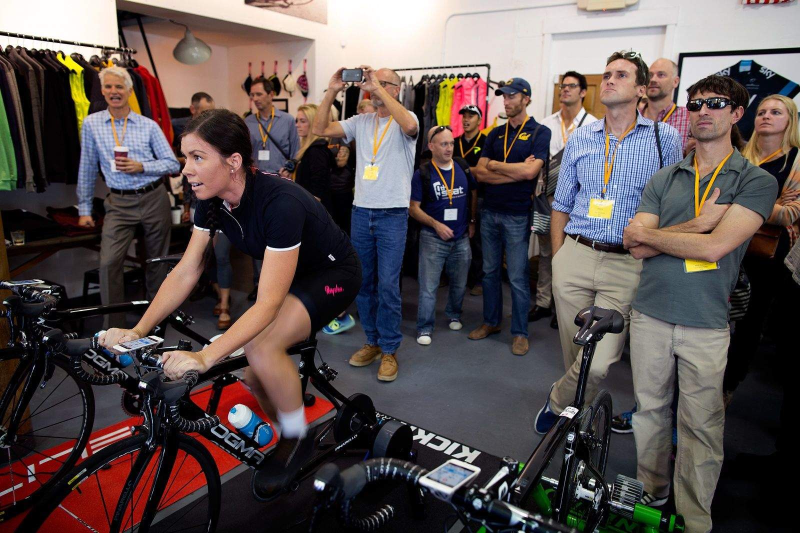 Journalists and bike geeks gather at the Rapha Store in San Francisco for Zwift’s launch in September 2014.