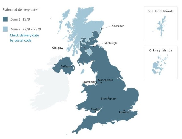 Apple splits the U.K. into two zones for iPhone 6 deliveries. Map: Apple.
