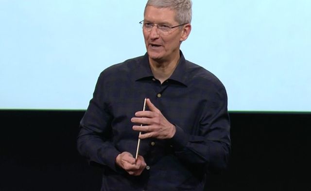 Tim Cook says, "Can you even see this?" before handing duties off to Phil Schiller. Photo: Apple