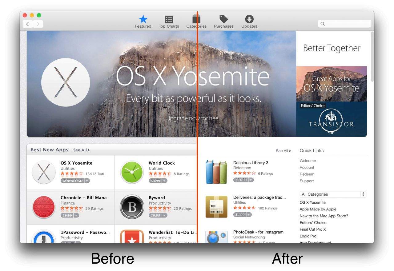 Spot the difference! The Mac App Store has received the OS X Yosemite treatment. Photo: Cult of Mac