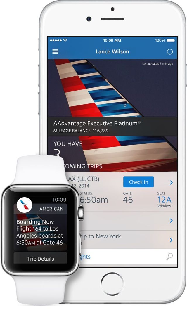 A preview of American Airlines' upcoming Apple Watch app.