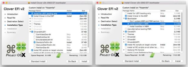 Common Clover settings for UEFI-compatible (left) and BIOS-only (right) motherboards. Screenshots: Tonymacx86