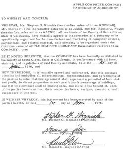 Apple's founding contract, with the signatures of Steve Jobs, Steve Wozniak and Ron Wayne