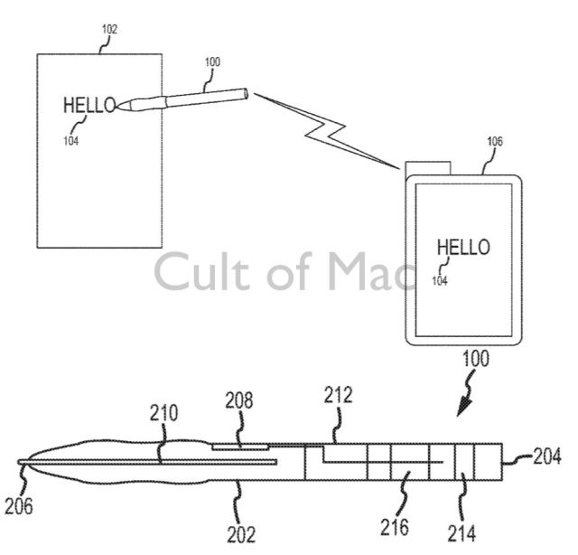 It's not a design patent, but this drawing from Apple shows how the stylus could work.