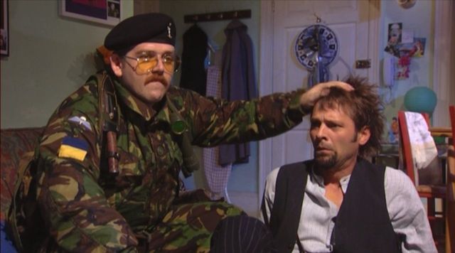 Edgar Wright regulars Nick Frost and Mark Heap bask in the afterglow of an imaginary gunfight in Spaced. Photo: BBC Channel 4